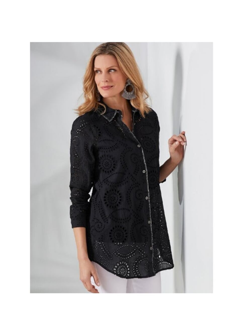 Soft Surroundings Size PL Black Eyelet Tunic Button-Up Shirt Silver Contrast